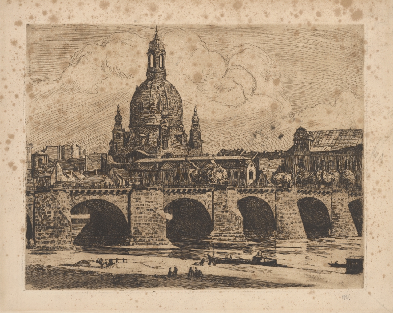 Stredoeurópsky grafik z prelomu 19. - 20. storočia – Časť mesta s mostom 