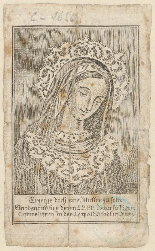 Stredoeurópsky grafik z 19. storočia – Svätý obrázok s vyobrazením Milosrdného obrazu Panny Márie "so sklonenou hlavou" bosých karmelitánov v Leopoldstadte vo Viedni 
