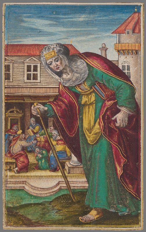 Maarten de Vos st., Jan Collaert II, Philips Galle – Uzdravená zhrbená žena (9) Mulier Inclinata 