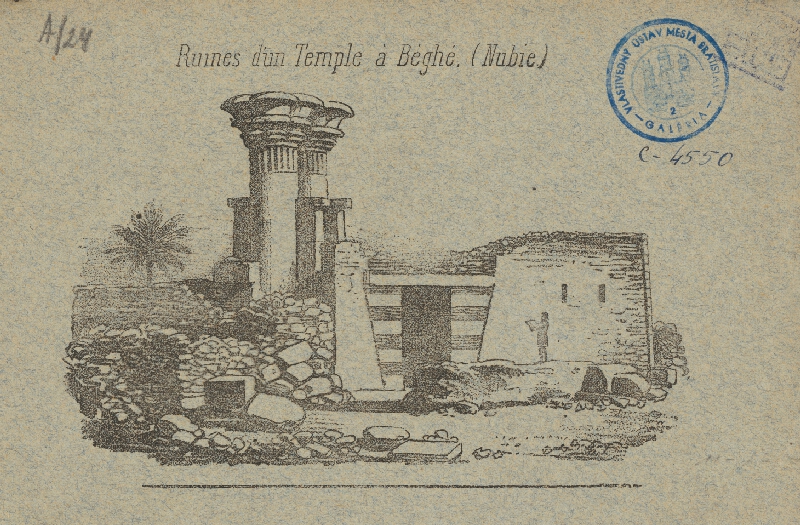 Stredoeurópsky grafik z 19. storočia – Pohľad na dom a zrúcaniny chrámu v Beghé 