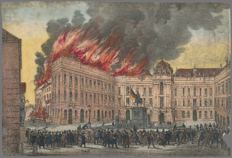 Stredoeurópsky grafik z 19. storočia – Požiar Dvorskej knihovni vo Viedni 