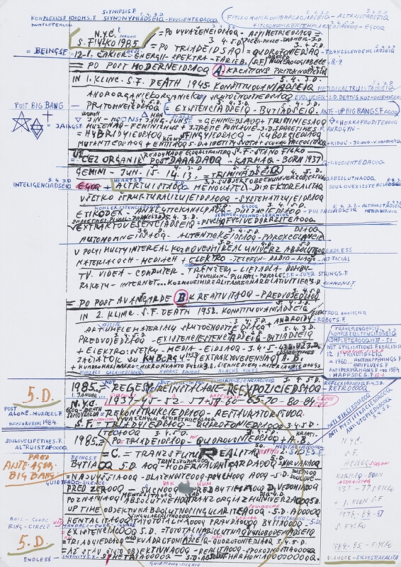 Stanislav Filko – Bez uvedenia názvu  (S. FILKO NYC 1985 (...)  ALTRUISTAOQQ (...) 5.D. (...) PRED ANTE.AGOQ. BIG BANG...)  