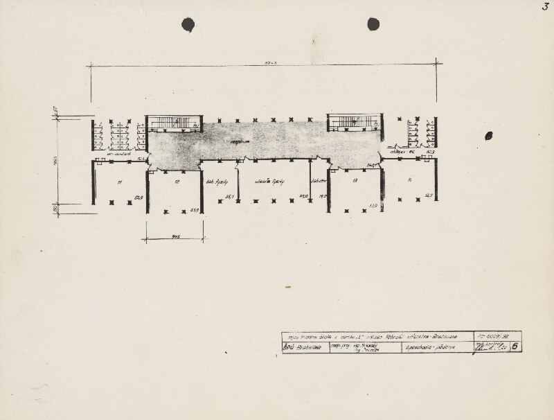Vladimír Dedeček – Jedenásťročná dvadsaťtritriedna škola na Ulici Februárového víťazstva - okrsok E. Úvodný projekt. Pôdorys 2. poschodia. M nezn. (pôv.)  