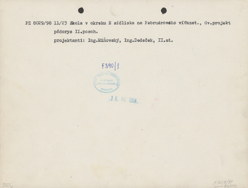 Vladimír Dedeček – Jedenásťročná dvadsaťtritriedna škola na Ulici Februárového víťazstva - okrsok E. Úvodný projekt. Pôdorys 2. poschodia. M nezn. (pôv.)  