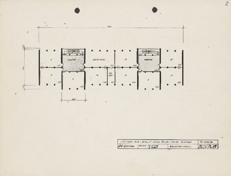 Vladimír Dedeček – Jedenásťročná dvadsaťtritriedna škola na Ulici Februárového víťazstva - okrsok E. Úvodný projekt. Pôdorys 3. poschodia. M nezn. (pôv.)  