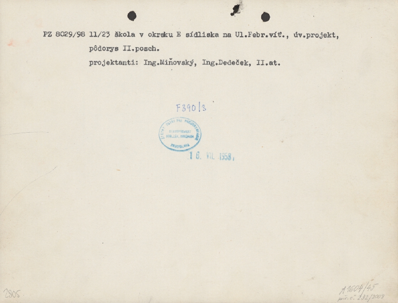Vladimír Dedeček – Jedenásťročná dvadsaťtritriedna škola na Ulici Februárového víťazstva - okrsok E. Úvodný projekt. Pôdorys 3. poschodia. M nezn. (pôv.)  