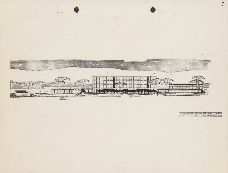 Vladimír Dedeček – Jedenásťročná dvadsaťtritriedna škola na Ulici Februárového víťazstva - okrsok E. Úvodný projekt. Pohľad. M 1:200 (pôv.)  