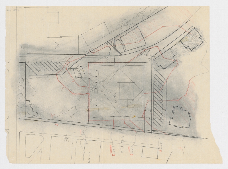 Vladimír Dedeček – Súťažný návrh na novostavbu Divadla Jonáša Záborského v Prešove. Skica. Situácia. M nezn. 