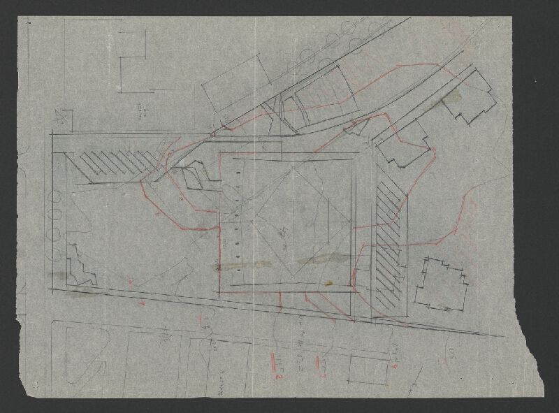 Vladimír Dedeček – Súťažný návrh na novostavbu Divadla Jonáša Záborského v Prešove. Skica. Situácia. M nezn. 