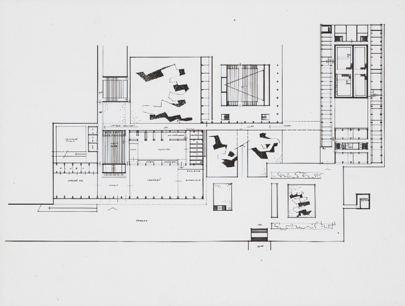 Vladimír Dedeček, M. Mihalovič – Vysokoškolský areál v Mlynskej doline v Bratislave. Pavilón rádioizotopov a urýchlovačov, spoločenské centrum. Pôdorys prízemia. M nezn. (pôv.) 