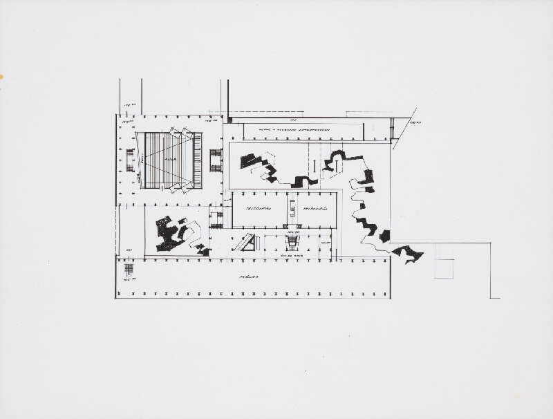 Vladimír Dedeček, M. Mihalovič – Vysokoškolský areál v Mlynskej doline v Bratislave. Objekt knižnice, auly a telocvične. Pôdorys prízemia. M nezn. (pôv.) 