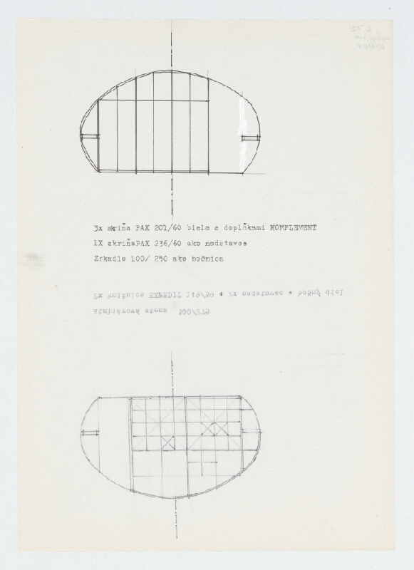 Ivan Matušík – Rodinný dom Xénie a Martina Lettrichovcov na Rybárskej ceste 23 v Senci. Štúdia. Ateliérová stena (pohľad). M nezn. / rub: skriňa a zrkadlo (pohľad). M nezn. 