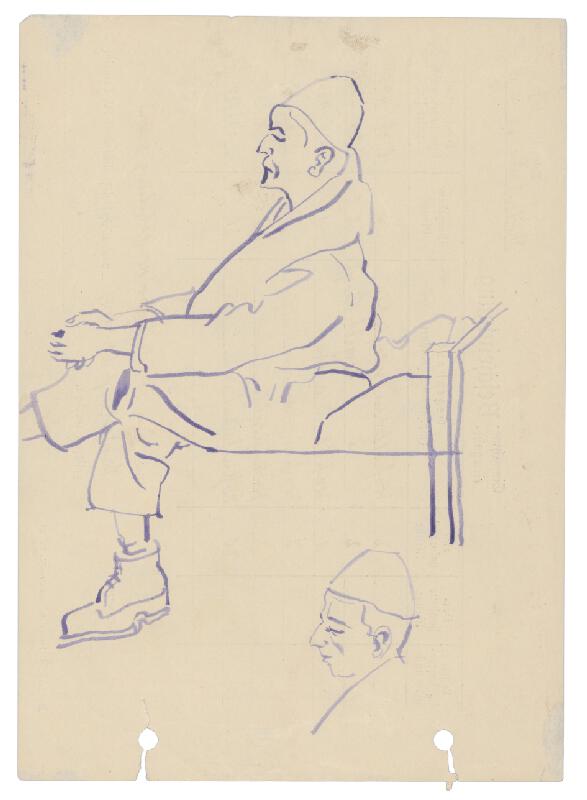 Jozef Fedora – Muž s preloženými nohami sediaci na drevenej posteli v koncentračnom tábore 