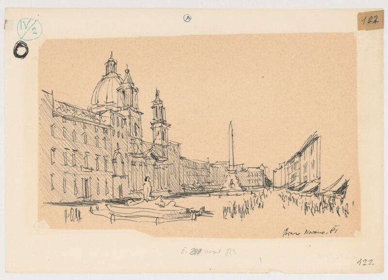 Emanuel Hruška – Rukopis knihy K tvorbe urbanistického prostredia. Piazza Navona - Rím - pôdorys antického štadióna. 