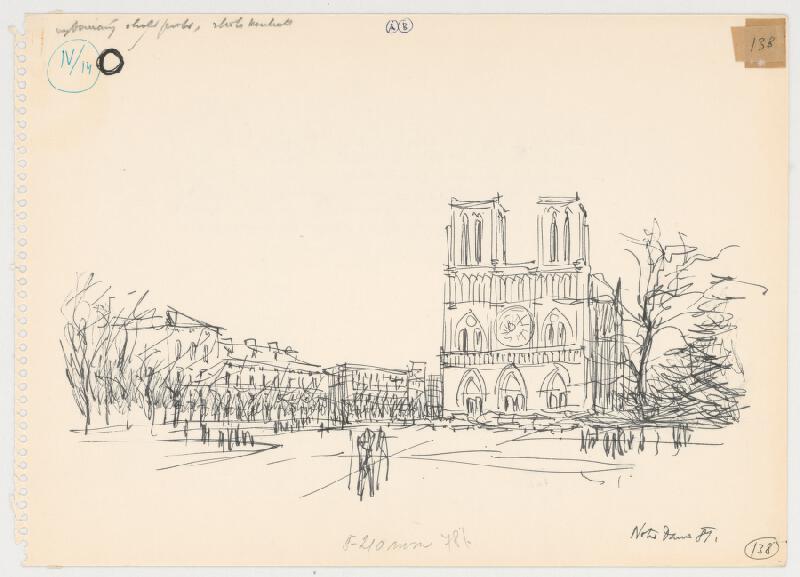 Emanuel Hruška – Rukopis knihy K tvorbe urbanistického prostredia. Notre Dame - Paríž - mohutný solitér, z hlavného nástupu obnažený v 19. storočí. 
