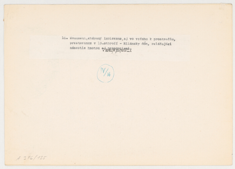 Emanuel Hruška – Rukopis knihy K tvorbe urbanistického prostredia. Milánsky sóm - monument chápaný izolovane. 