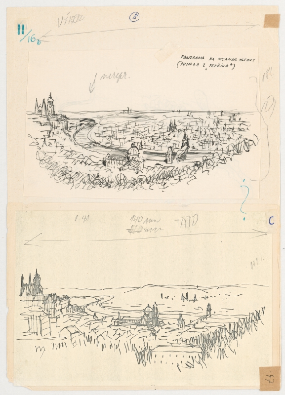 Emanuel Hruška – Rukopis knihy K tvorbe urbanistického prostredia. Praha - panoráma na meander Vltavy - pohľad z Petřína. 
