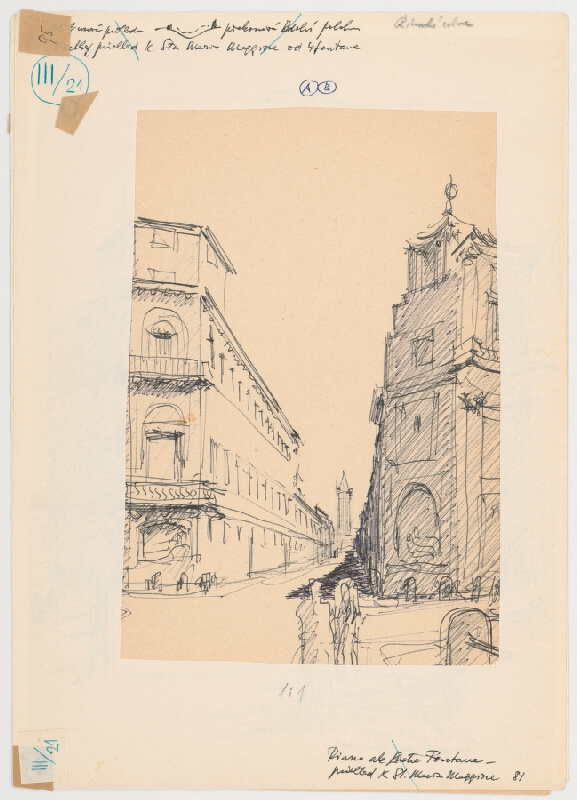 Emanuel Hruška – Rukopis knihy K tvorbe urbanistického prostredia. Rímska ulica - pohľad z "Piazza alle Quattre Fontane" k veži kostola "Sta Maria Maggiore". 