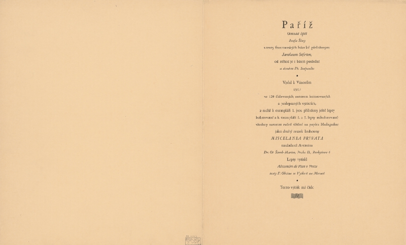 Josef Šíma – Paříž - tiráž 