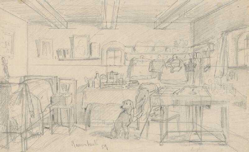 Friedrich Carl von Scheidlin – Náčrt interiéru so sediacim psom 
