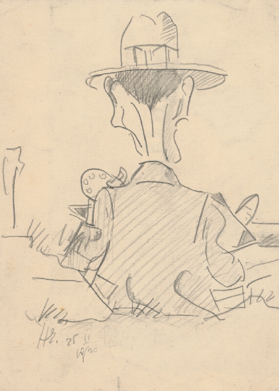 Eugen Nevan – Karikatúra sediaceho muža zo zadu 