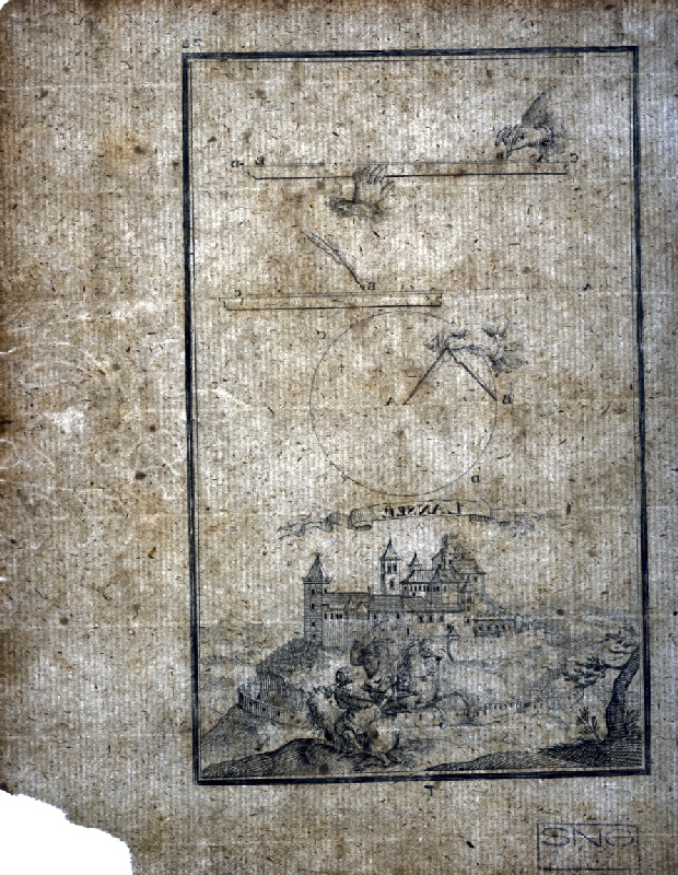 Justus van den Nypoort – Geometrická figúra a pohľad na hrad Lansee (Landsee) 