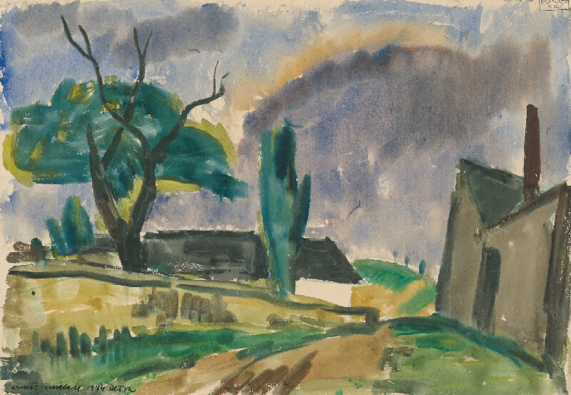 Ernest Zmeták – A Village on a Hill with a Stream 