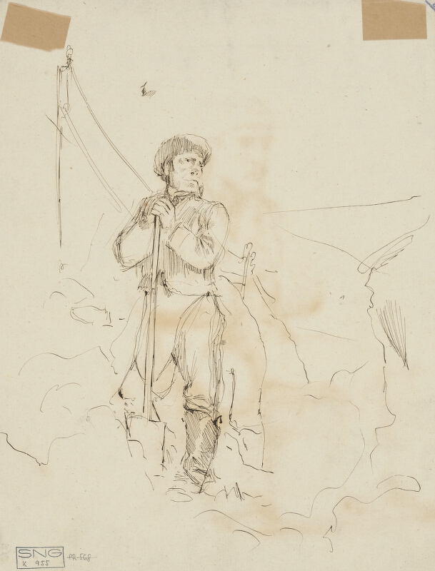 Ladislav Mednyánszky – Na lícnej strane štúdia sediaceho muža s palicou 