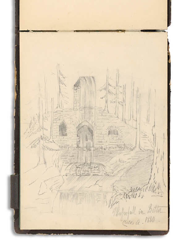 Andrássy, Adelheid Odescalchi – Pohľad na vodopád v parku Kaštieľa v Betliari. Náčrty ženskej tváre (obojstranné) 