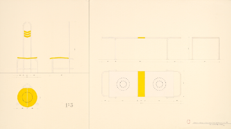 Viktor Holešťák-Holubár – Záhradný nábytok C. Súprava - dukovaná oceľ. Štipendum SFVU 1988. Pohľady, pôdorys. 