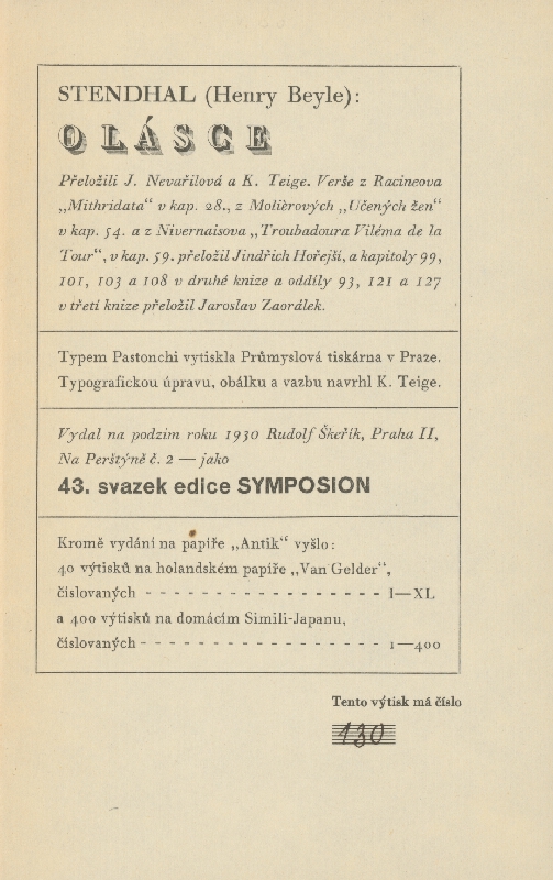 Karel Teige – H.B.Stendhal: O lásce 