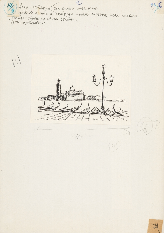 Emanuel Hruška – Rukopis knihy K tvorbe urbanistického prostredia. Ostrov San Giorgio Maggiore - pohľad z námestia Sv. Marka v Benátkach.  