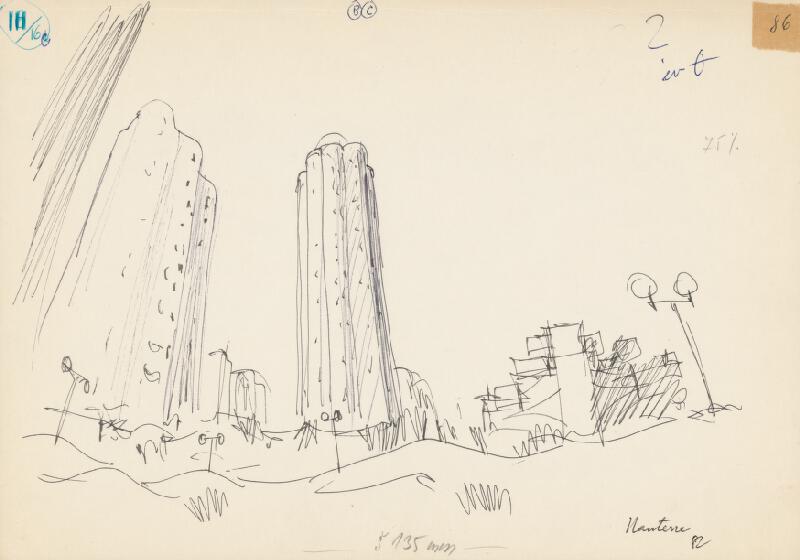 Emanuel Hruška – Rukopis knihy K tvorbe urbanistického prostredia. Nanterre (Paríž) - postmodernistické hmoty prevýšených valcov / La Défense (Paríž). 