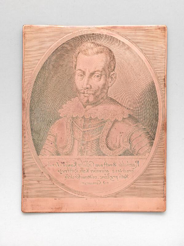 Neznámy flámsky rytec – Medená matrica v koženom rámiku - portrét grófa Rambalda de Collalto 