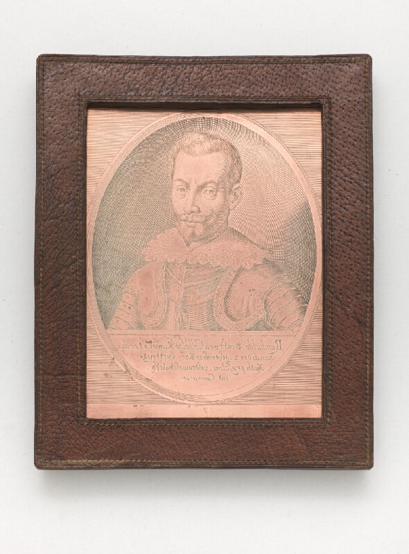 Neznámy flámsky rytec – Medená matrica v koženom rámiku - portrét grófa Rambalda de Collalto 