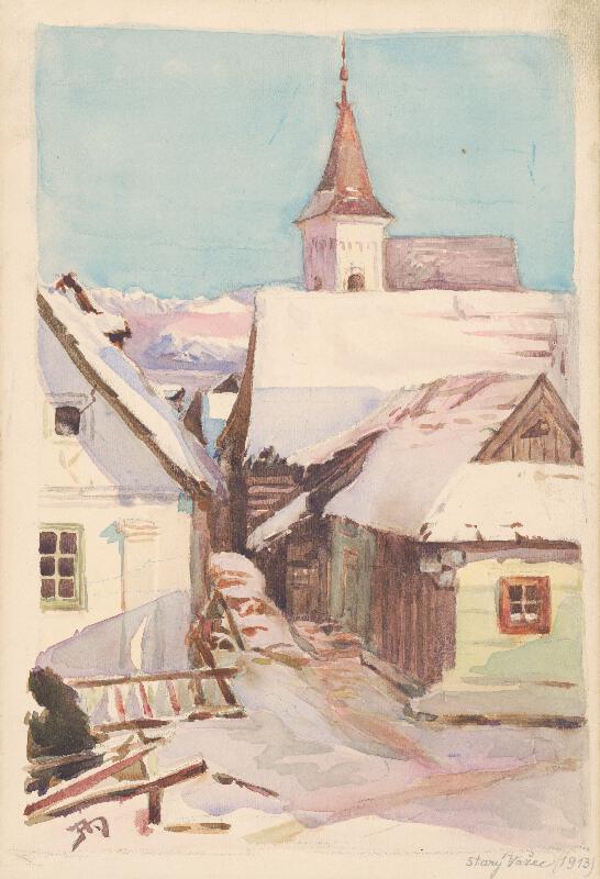 Jaroslav Augusta – Štúdia dvora s kostolom v zime v Starom Važci  