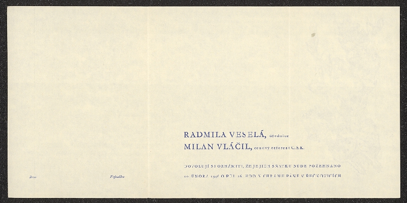 neznámý – Oznámení sňatku Radmily Veselé a Milana Vláčila 