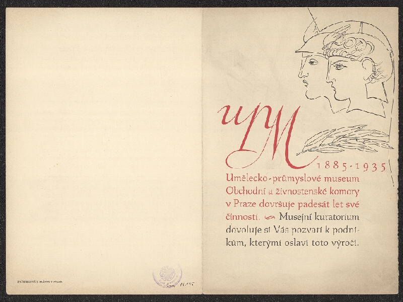 neznámý – Pozvánka na  jubilejní výstavu v UPM Praha a cyklus přednášek k výročí 1885-1935 