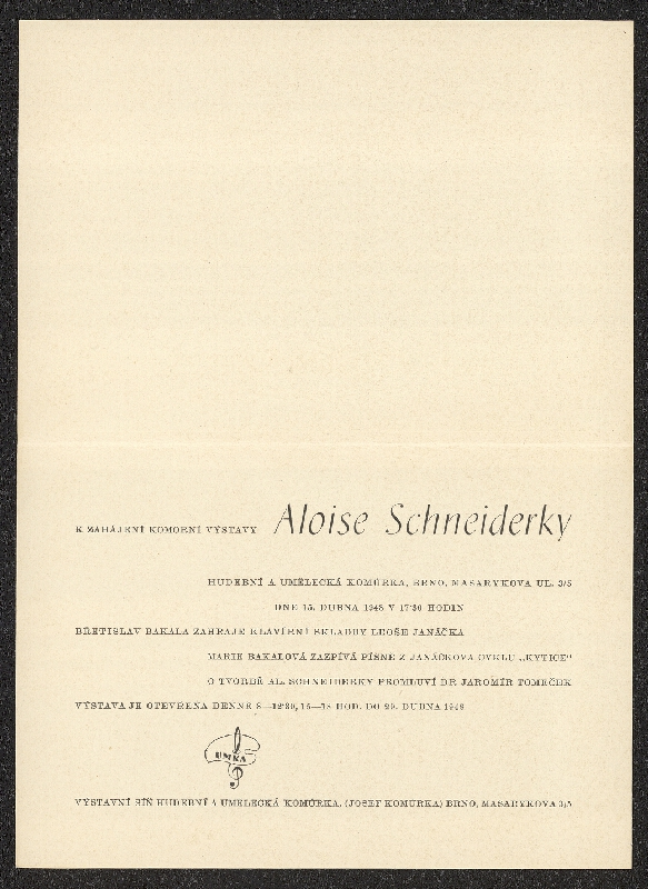neznámý – Pozvánka na výstavu Aloise Schneiderky, Hudební a umělecká komůrka Brno, Masarykova 3/5 