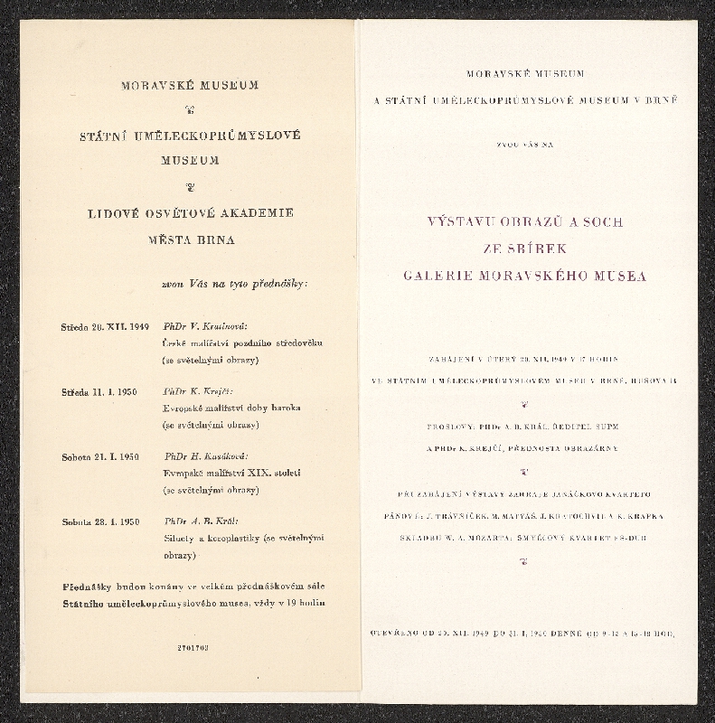 neznámý – Pozvánka na výstavu obrazů a soch ze sbírek galerie Mor. musea v UPM Brno 