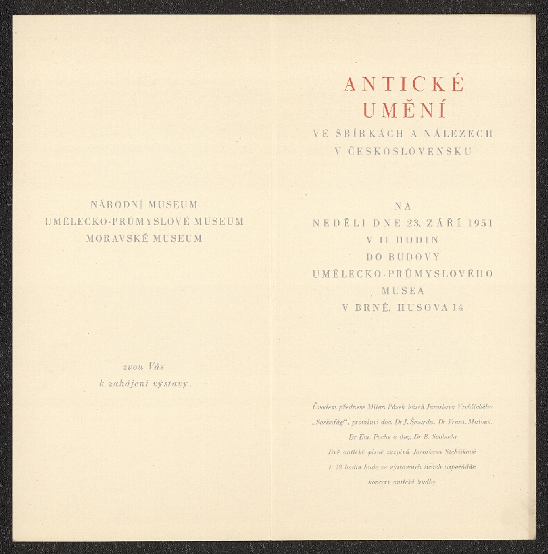 neznámý – Pozvánka na zahájení výstavy Antické umění ve sbírkách a nálezech v Československu, UPM Brno, Husova 14 