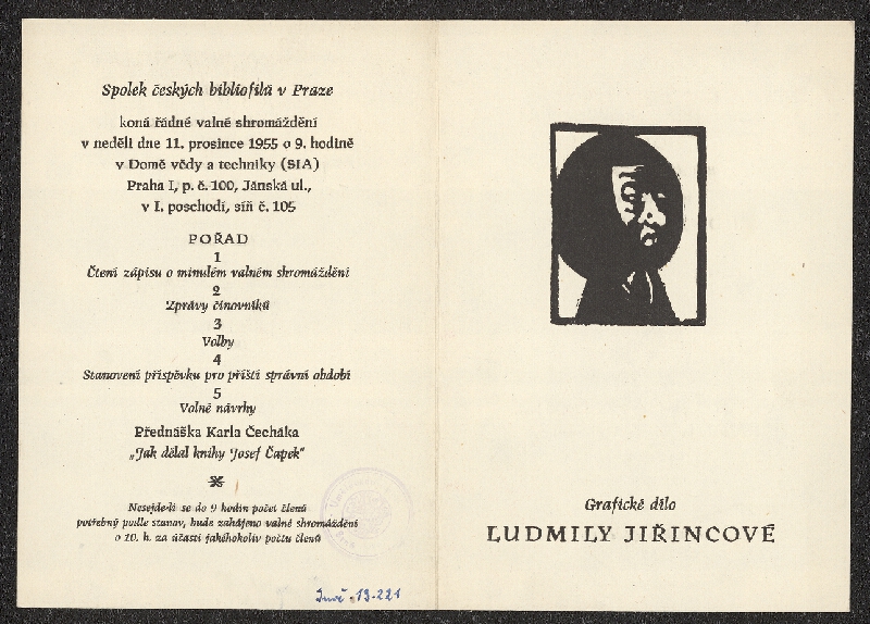 neznámý – Večer Ludmily Jiřincové, Památn. nár. písemníctví, Praha, Strahov 