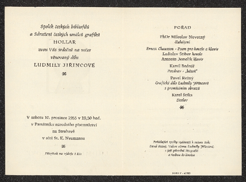 neznámý – Večer Ludmily Jiřincové, Památn. nár. písemníctví, Praha, Strahov 