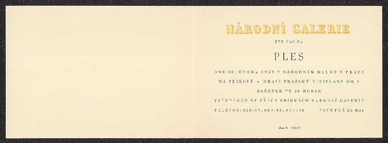 neznámý – Pozvánka na ples Národní galerie, v Nár. klubu v Praze na Příkopě 