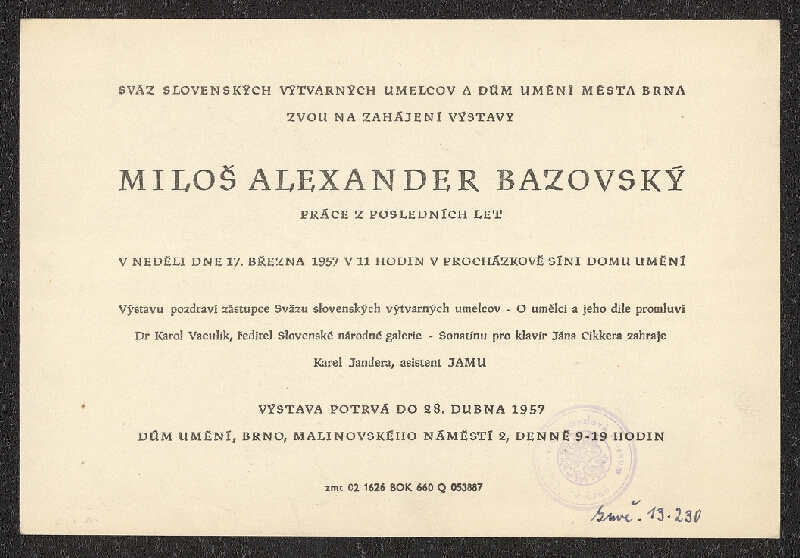 neznámý – Výstava Miloše A. Bazovského, DUM Brna, Malinovského 2 