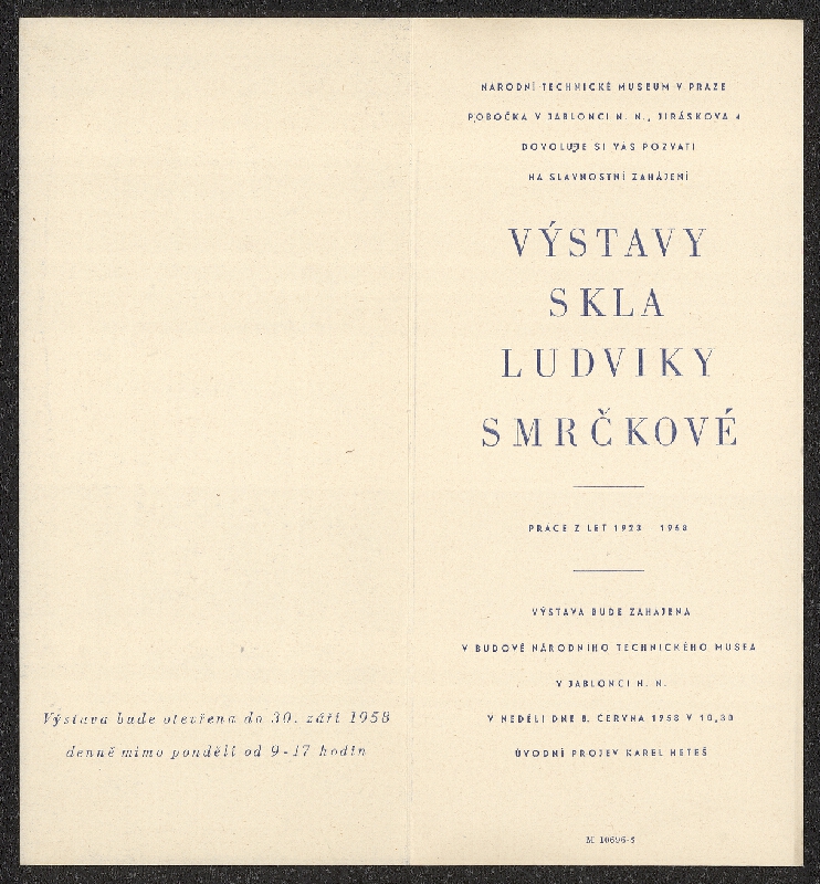Stanislav Kovář – Výstava skla Ludmily Smrčkové, práce z let 1923 - 1958; Nár. technic. museum Jablonec n.N. 