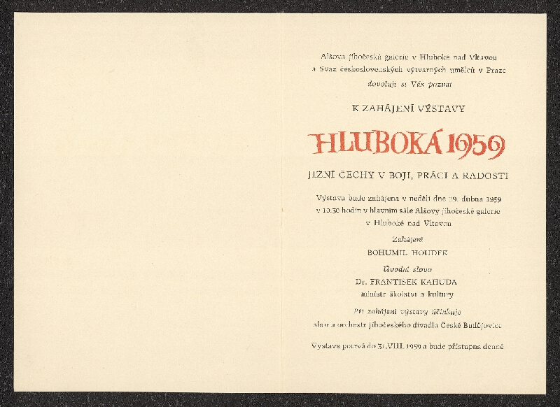 neznámý – Hluboká 1959, jižní Čechy v boji, práci a radosti, AJG Hluboká n.Vl. 