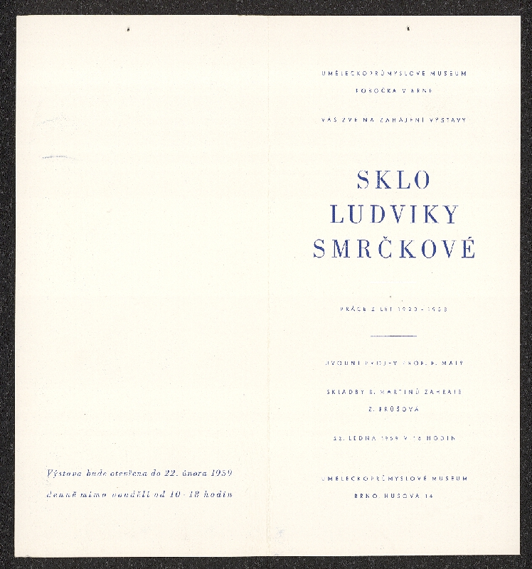 Stanislav Kovář – Výstava skla Ludviky Smrčkové, práce z let 1923 -1958, UPM Brno 