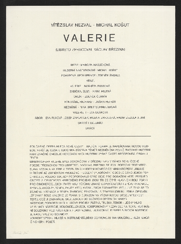 Jiří Havlíček – V.Nezval, M.Košut. Valerie. Divadlo Piram. Vysokoškolský klub SSM, Gorkého 43, Brno 