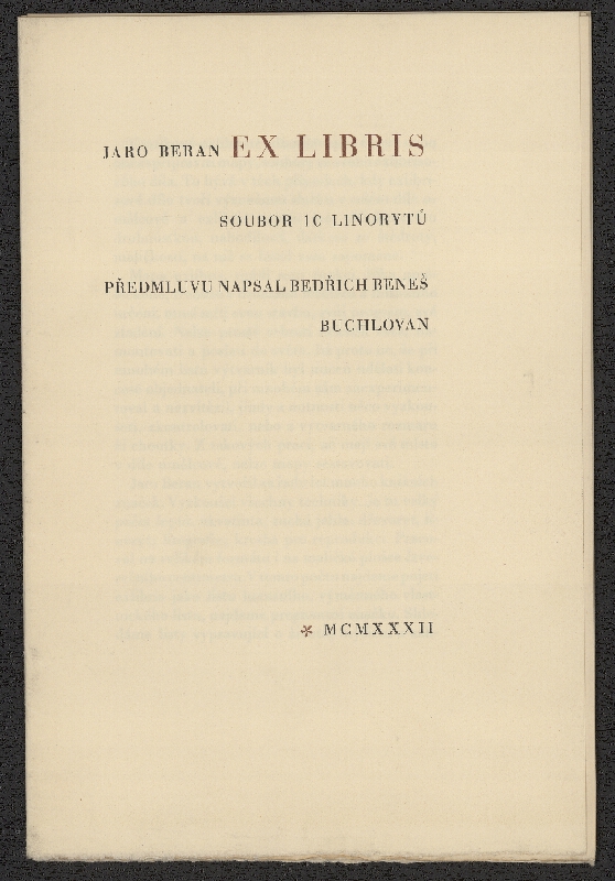 Jaro (Jaroslav) Beran – Jaro Beran; Ex libris. Soubor 10 linorytů. MCMXXXII 